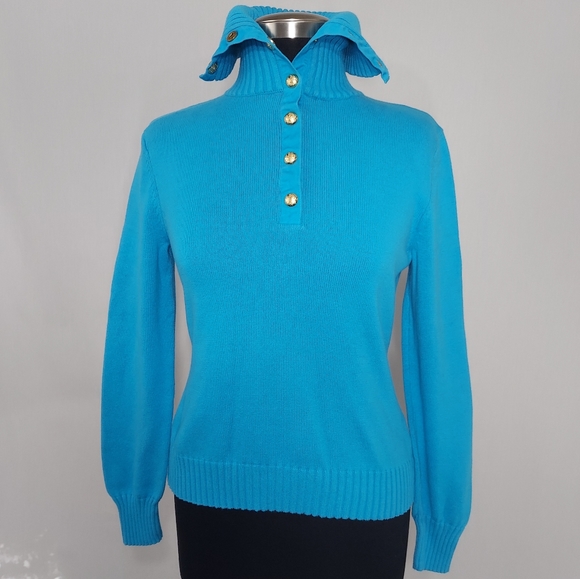 Lauren Ralph Lauren Sweater High Neck Collar Half Snap Button Cotton Medium - Picture 1 of 4